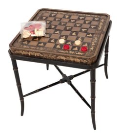 CHINESE EXPORT BLACK AND GILT LACQUER FOLDING GAME BOARD ON STAND Third Quarter of the 19th Century