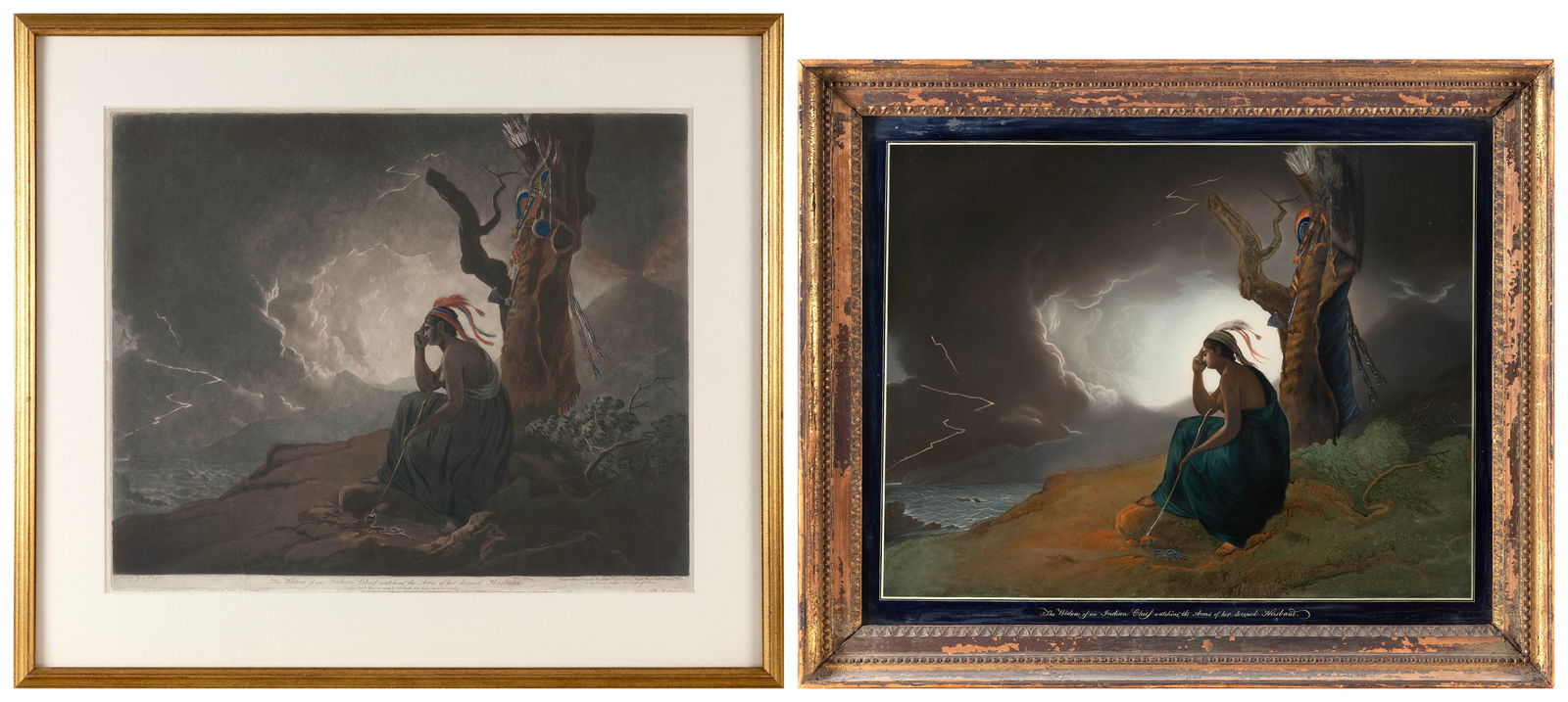 CHINESE SCHOOL (Early 19th Century,), "The Widow of an Indian Chief Watching the Arms of Her: CHINESE SCHOOLEarly 19th Century"The Widow of an Indian Chief Watching the Arms of Her Deceased Husband". After a painting by Joseph Wright of Derby, which was reproduced as a mezzotint by John Raphae