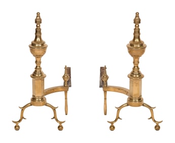 PAIR OF BRASS ANDIRONS ATTRIBUTED TO RICHARD WHITTINGHAM New York, Circa 1810 Heights 23.5". Depths
