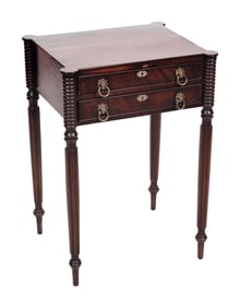 SHERATON TWO-DRAWER STAND North Shore of Massachusetts, Circa 1805 Height 28.75". Width 20.5". Depth