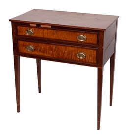 HEPPLEWHITE TWO-DRAWER SERVING TABLE Massachusetts, Circa 1800 Height 34.25". Width 32". Depth
