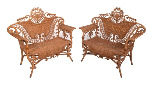 PAIR OF WICKER LOVESEATS Late 19th Century Back heights 41". Lengths 41". Depths 21".