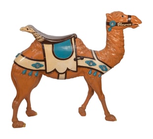 CHARLES LOOFF CARVED AND PAINTED WOODEN CAROUSEL FIGURE OF A JEWELED CAMEL Late 19th Century Height