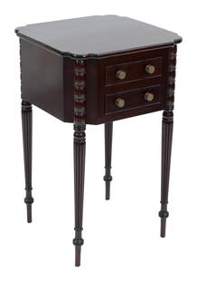WALLACE NUTTING TWO-DRAWER STAND Framingham, Massachusetts, 20th Century Height 29.5". Width 18".: WALLACE NUTTING TWO-DRAWER STANDFramingham, Massachusetts, 20th CenturyIn mahogany. Branded on underside "Wallace Nutting". Nutting #608.Height 29.5". Width 18". Depth 18".