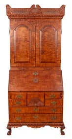 DONALD A. DUNLAP TIGER MAPLE SECRETARY DESK New Hampshire, 20th Century Height 87". Width 39". Depth