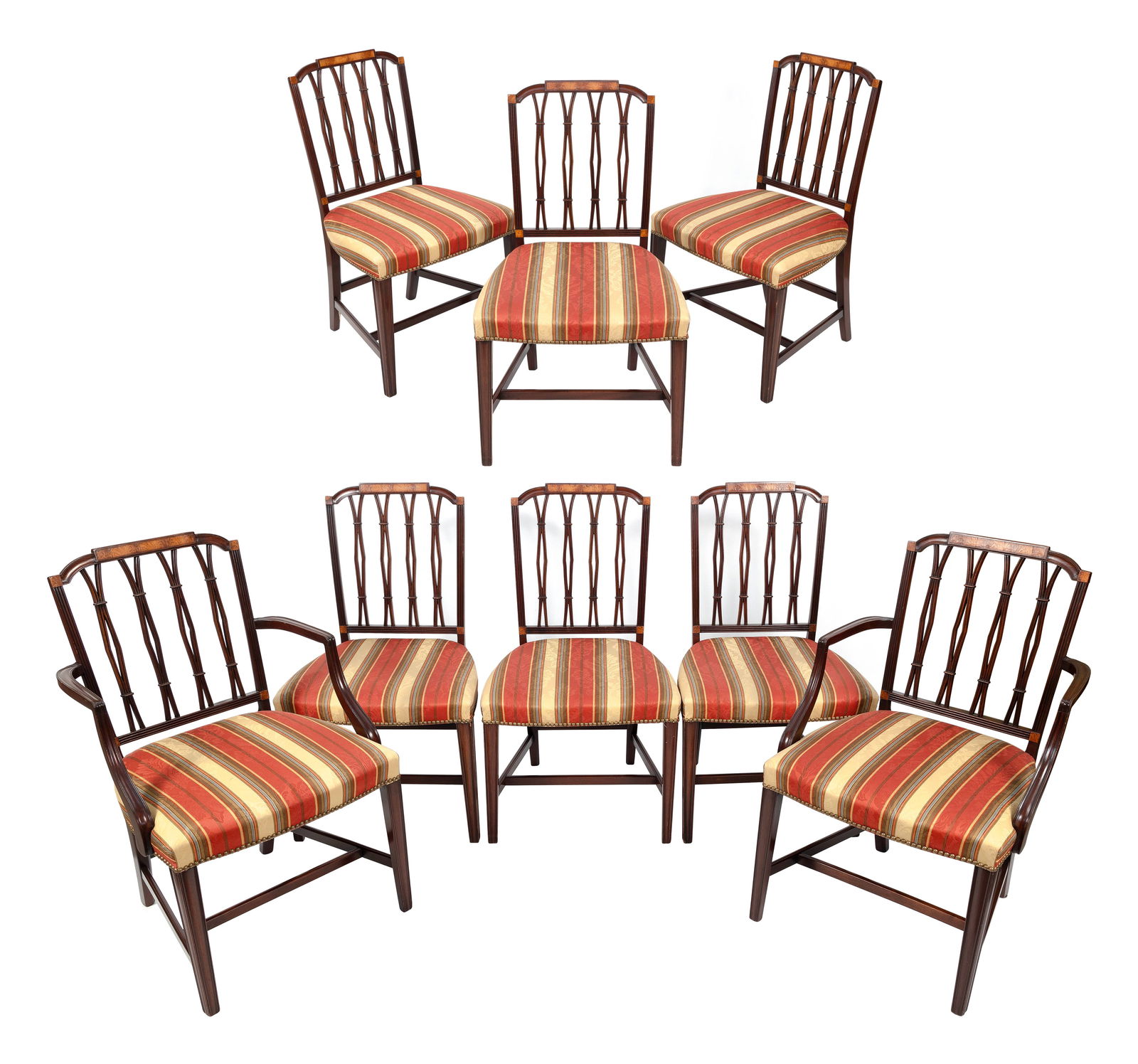 SET OF EIGHT HEPPLEWHITE-STYLE CHAIRS Early 20th Century Back heights 37". Seat heights 18". (1 of 5)