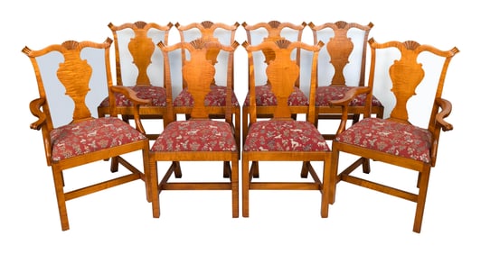 SET OF EIGHT ELDRED WHEELER TIGER MAPLE DINING CHAIRS Massachusetts, 20th Century Seat heights 29".