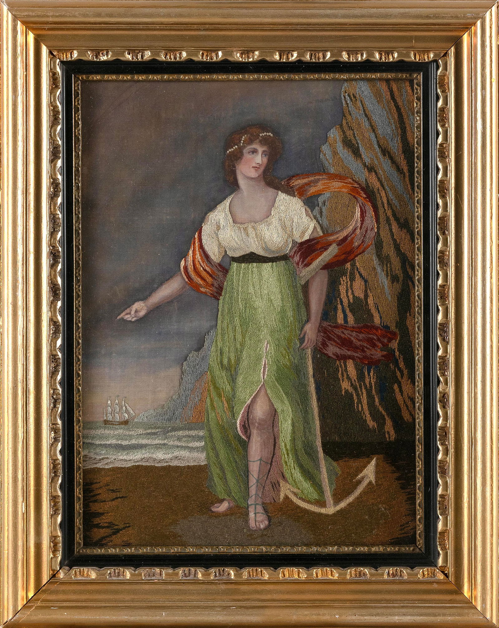 ENGLISH PAINTED AND NEEDLEWORK PICTURE ON SILK 19th Century 12" x 8.5". Framed 17" x 8.5". (1 of 2)