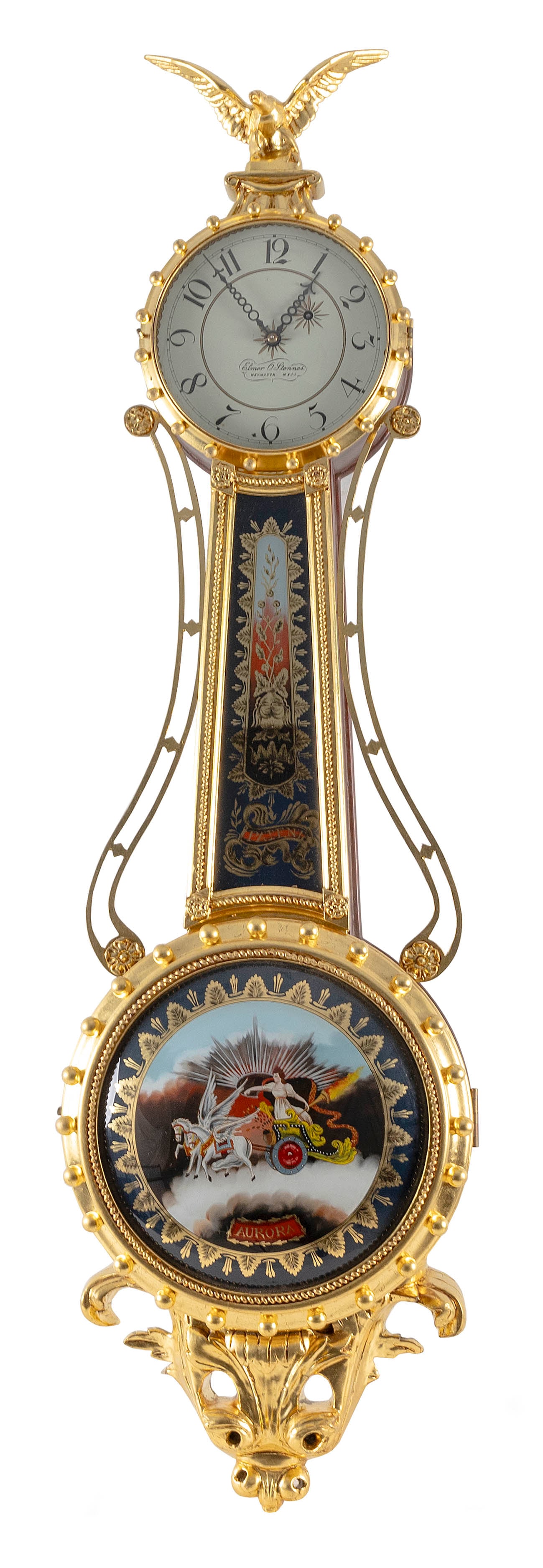 ELMER O. STENNES GIRANDOLE CLOCK Weymouth, Massachusetts, 20th Century Height approx. 48".: ELMER O. STENNES GIRANDOLE CLOCKWeymouth, Massachusetts, 20th CenturyMahogany case with a gilt spread-wing eagle finial, brass sidearms and a gilt foliate presentation bracket. Doors and throat with e