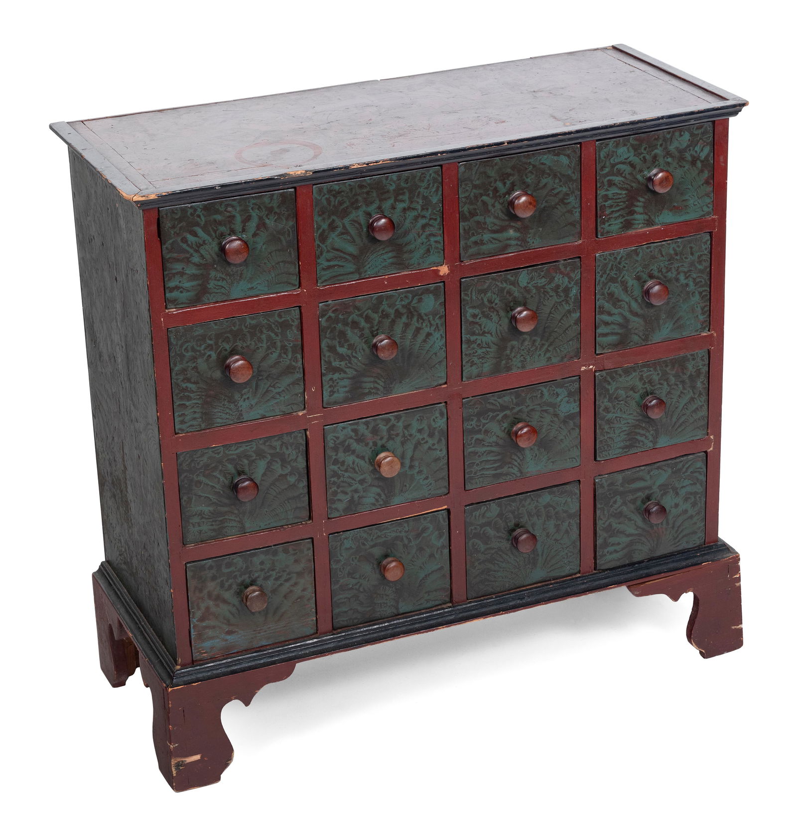 SPONGE-PAINTED SIXTEEN-DRAWER STORAGE CHEST New England, Mid-19th Century Height 34". Width 35". (1 of 5)