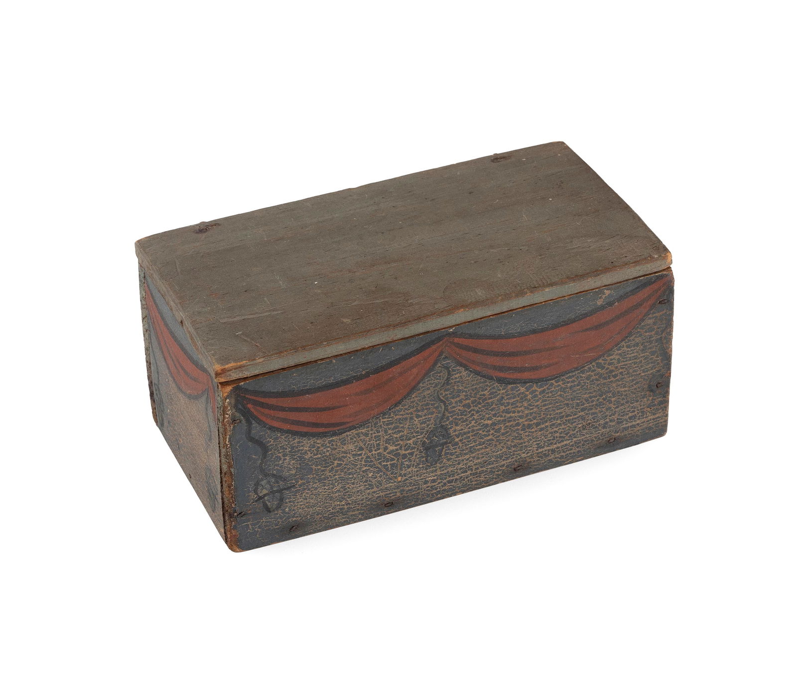 MINIATURE PAINT-DECORATED BLANKET BOX 19th Century Height 3.25". Width 7". Depth 3.75". (1 of 4)