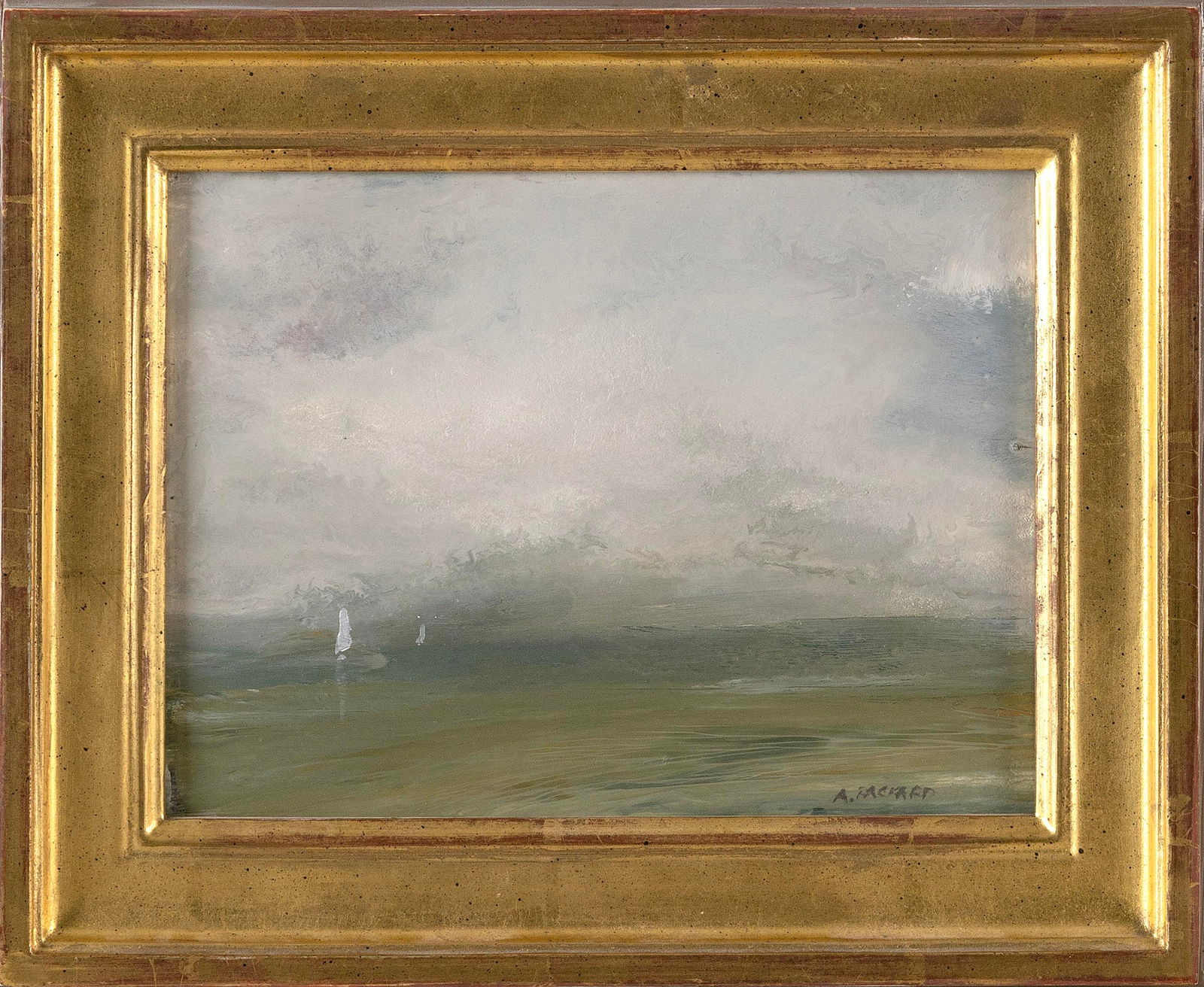 ANNE PACKARD (New Jersey/Massachusetts, 1933-), Seascape with sailboats., Oil on board, 6" x 8".: ANNE PACKARDNew Jersey/Massachusetts, 1933-Seascape with sailboats. Signed lower right "A. Packard". Packard Gallery label verso. Housed in a Guido frame.Oil on board, 6" x 8". Framed 8.5" x 10.5".