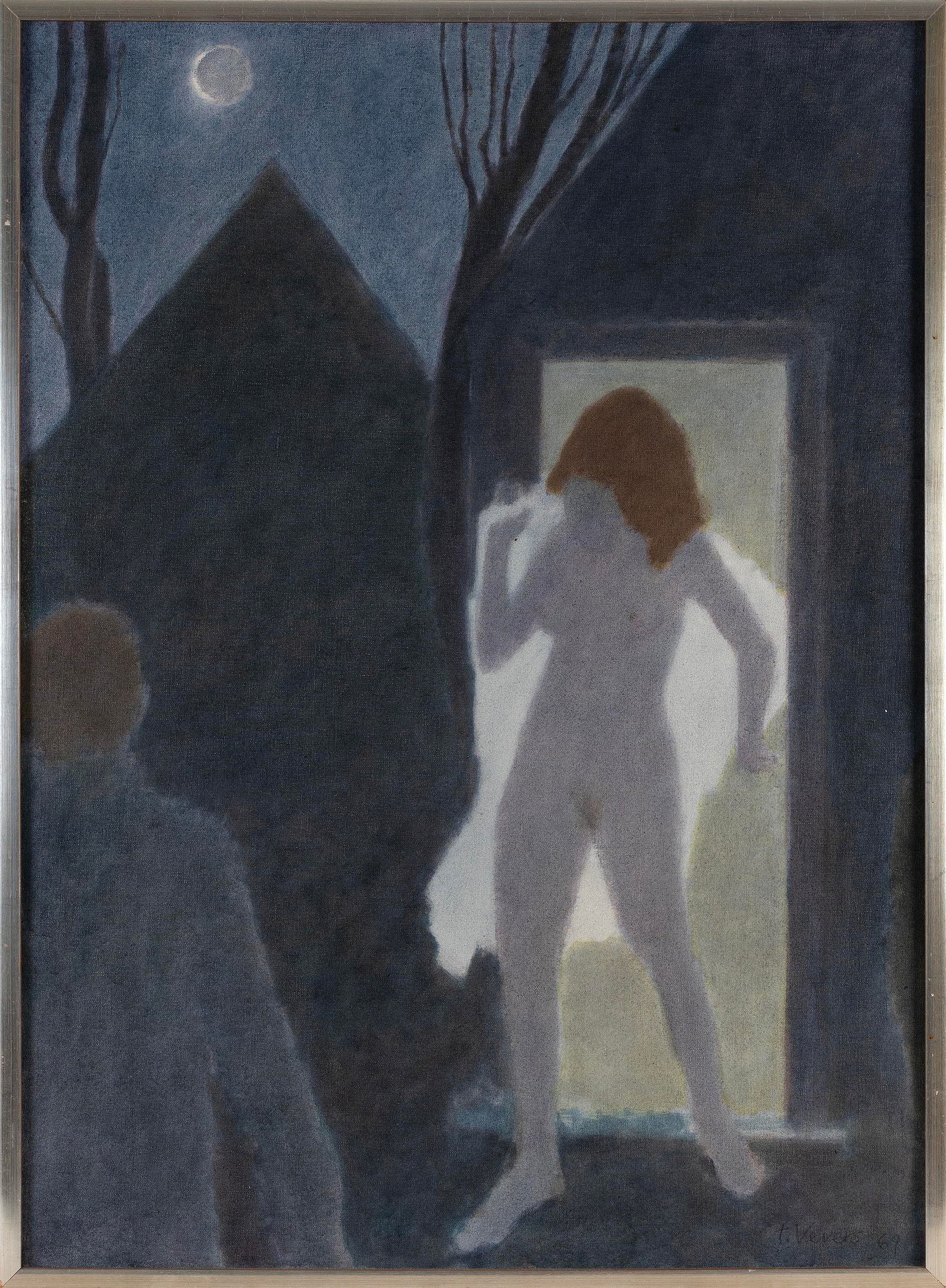 TONY VEVERS (Massachusetts/Indiana/England, 1927-2008), Figures in a doorway under a full moon., Oil: TONY VEVERSMassachusetts/Indiana/England, 1927-2008Figures in a doorway under a full moon. Signed and dated lower right "T. Vevers '69".Oil on canvas, 36" x 26". Framed 37" x 27".