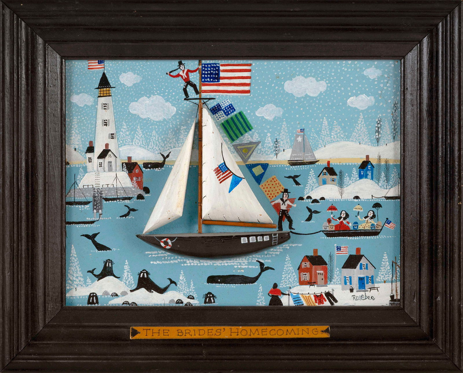 ROSEBEE (Massachusetts, 1932-2016), "The Bride's Homecoming"., Oil on board with applied sails and: ROSEBEEMassachusetts, 1932-2016"The Bride's Homecoming". Signed lower right "Rosebee". Titled verso.Oil on board with applied sails and boat hull, 9" x 12". Framed 12" x 15". Notes:Rosebee's real name