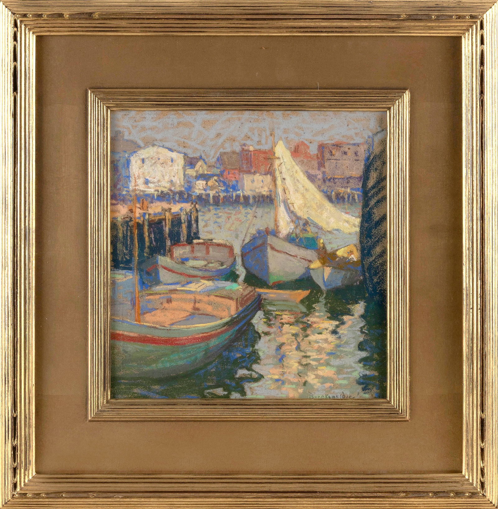 HUGH HENRY BRECKENRIDGE (Pennsylvania/Massachusetts, 1870-1937), Harbor scene, likely Gloucester,: HUGH HENRY BRECKENRIDGEPennsylvania/Massachusetts, 1870-1937Harbor scene, likely Gloucester, Massachusetts. Signed lower right "Breckenridge".Pastel, 10.25" x 10" sight. Framed 18.25" x 18". Notes:Hug