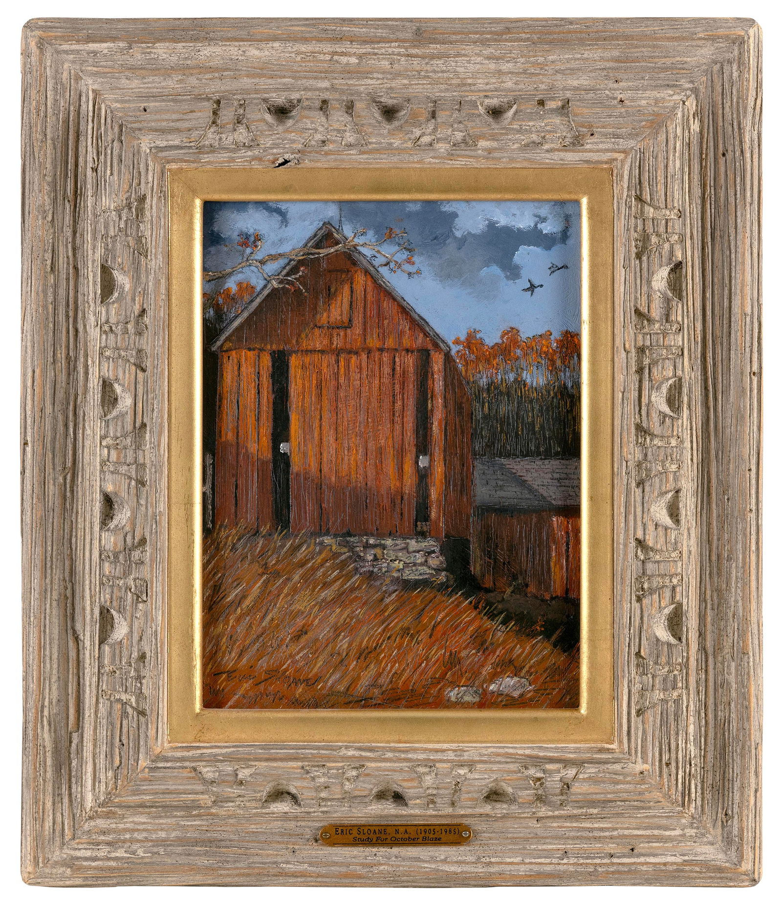 ERIC SLOANE (New York/Connecticut, 1905-1985), "October Blaze"., Oil on canvas board, 12" x 9".: ERIC SLOANENew York/Connecticut, 1905-1985"October Blaze". Signed lower left and verso. Titled on label verso Michael Wigley Galleries, Ltd.Oil on canvas board, 12" x 9". Framed 19.75" x 17".