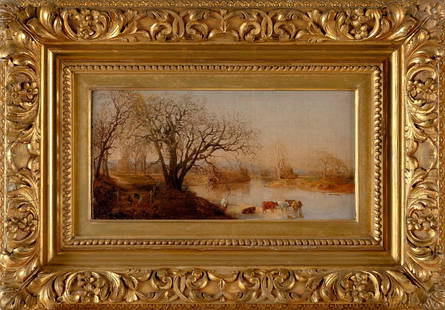 JERVIS MCENTEE (New York, 1828-1891), "Tomkins Cove"., Oil on canvas, 6" x 12". Framed 14" x 20".: JERVIS MCENTEENew York, 1828-1891"Tomkins Cove". Possibly monogrammed lower left.Oil on canvas, 6" x 12". Framed 14" x 20".