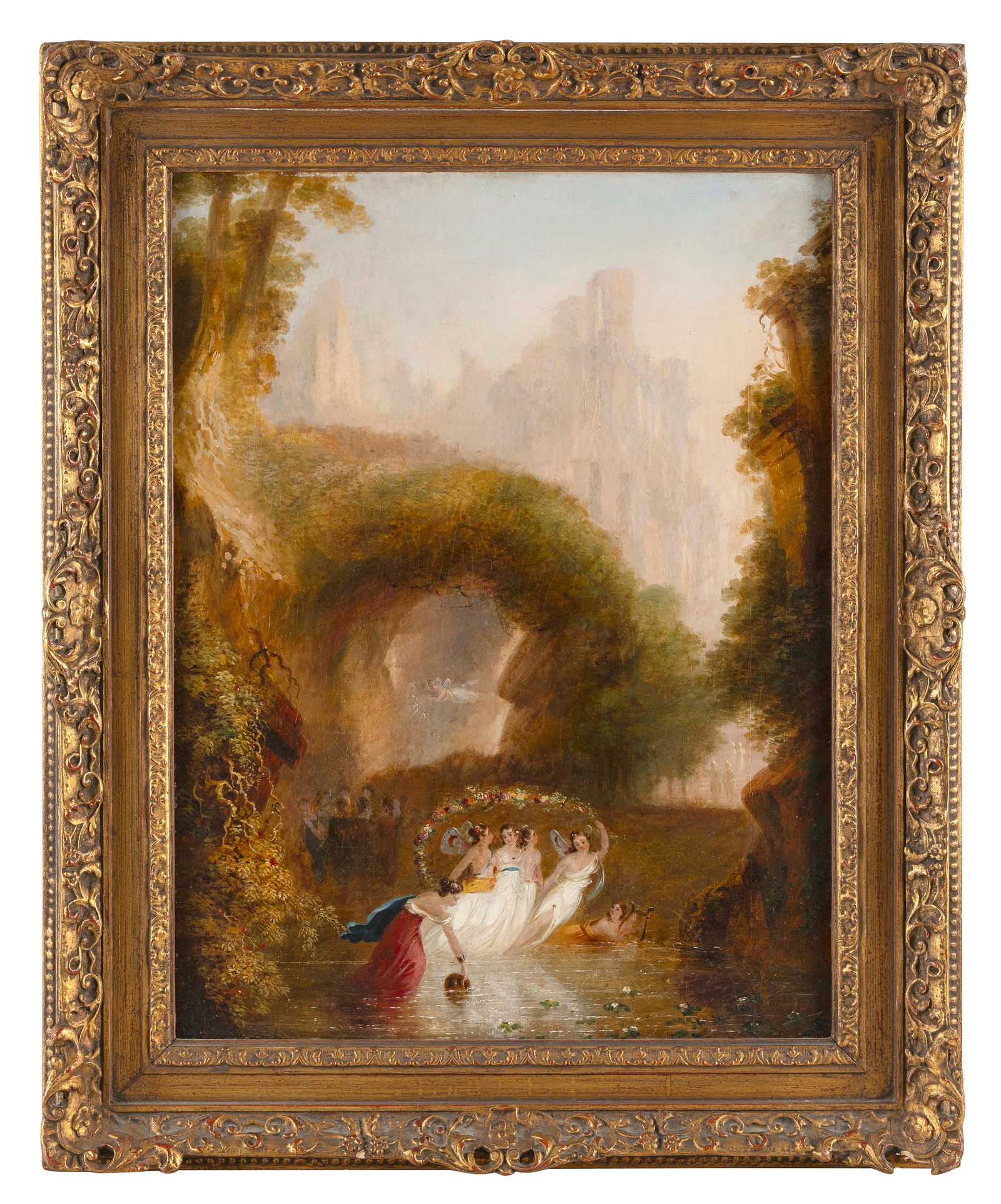 AMERICAN SCHOOL (19th Century,), Allegorical scene with Muses at the river., Oil on canvas, 25" x (1 of 2)