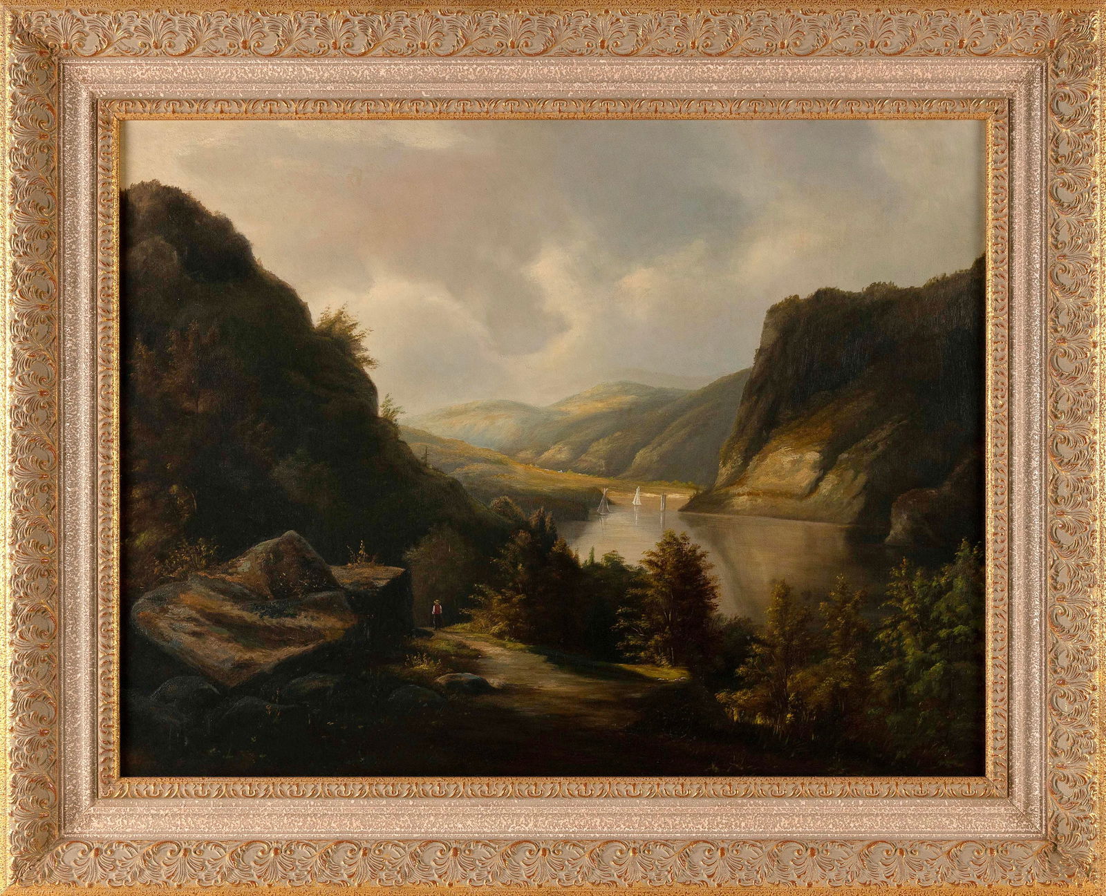 HUDSON RIVER SCHOOL (19th Century,), View of the Hudson., Oil on canvas, 24" x 32". Framed 32" x (1 of 2)