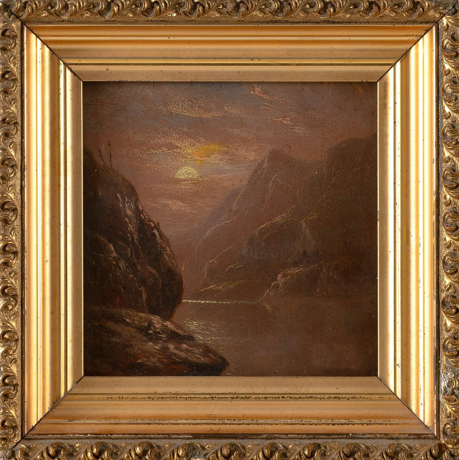 HUDSON RIVER SCHOOL (19th Century,), Sunset scene., Oil on board, 6" x 6". Framed 8.75" x 8.75". (1 of 2)