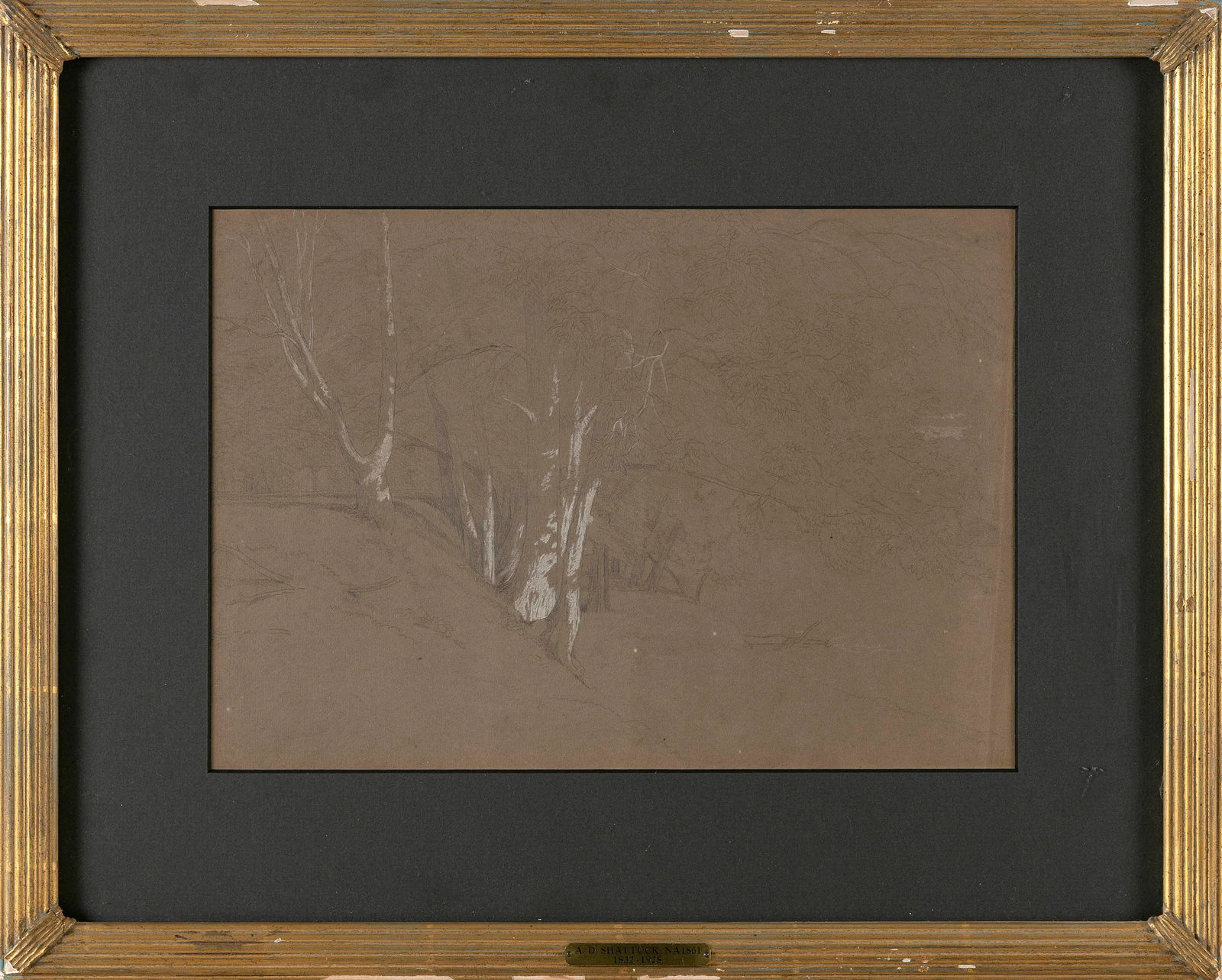 AARON DRAPER SHATTUCK (Connecticut/New Hampshire, 1832-1928), "Farmington River, Simsbury CT".,: AARON DRAPER SHATTUCKConnecticut/New Hampshire, 1832-1928"Farmington River, Simsbury CT". Unsigned. Artist identified on label verso. Certificate of authenticity from the artist's granddaughter verso.