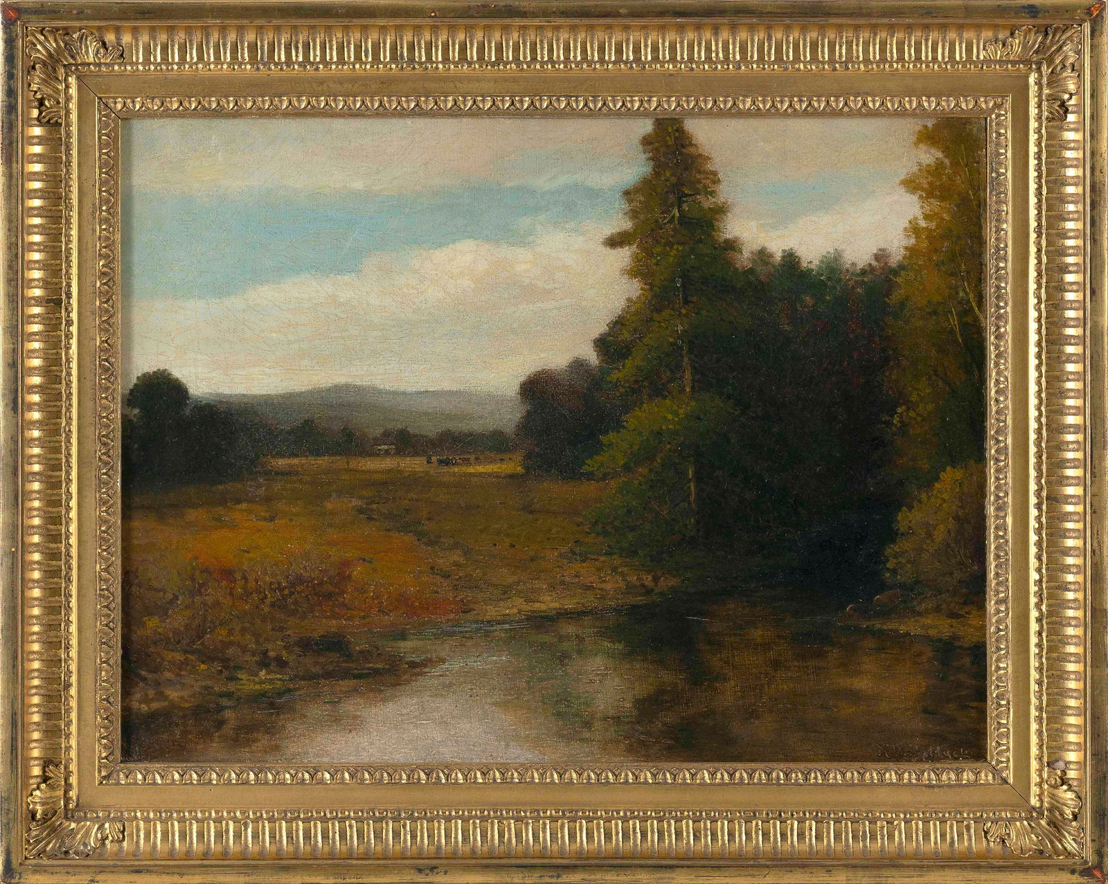 AARON DRAPER SHATTUCK (Connecticut/New Hampshire, 1832-1928), Pastoral landscape., Oil on canvas,: AARON DRAPER SHATTUCKConnecticut/New Hampshire, 1832-1928Pastoral landscape. Signed lower right "A.D. Shattuck".Oil on canvas, 12" x 16". Framed 16" x 20".