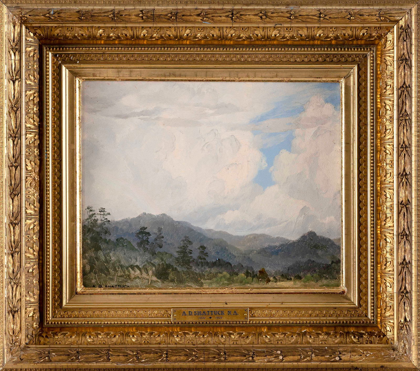 AARON DRAPER SHATTUCK (Connecticut/New Hampshire, 1832-1928), "Vermont Sky"., Oil on canvas, 10.25": AARON DRAPER SHATTUCKConnecticut/New Hampshire, 1832-1928"Vermont Sky". Signed lower left "A.D. Shattuck". Titled verso. This work is #213 in the artist's catalogue raisonné compiled by the Salmon Br