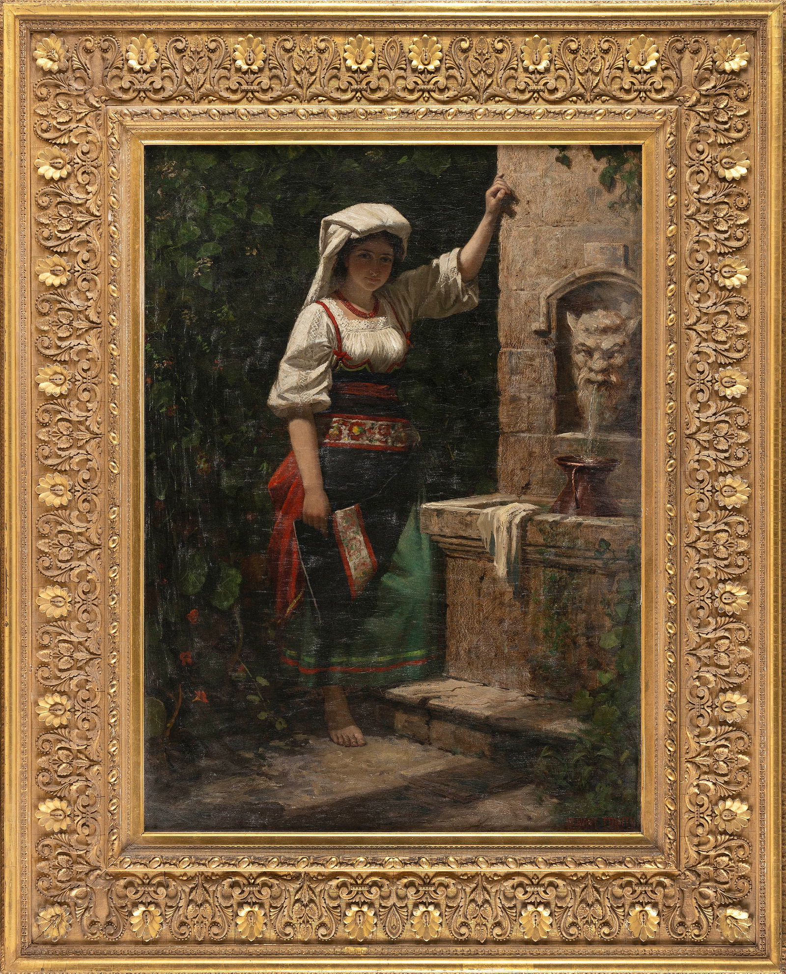 BENONI IRWIN (New York/California/Connecticut/Canada, 1840-1896), Young woman at a fountain., Oil on (1 of 2)