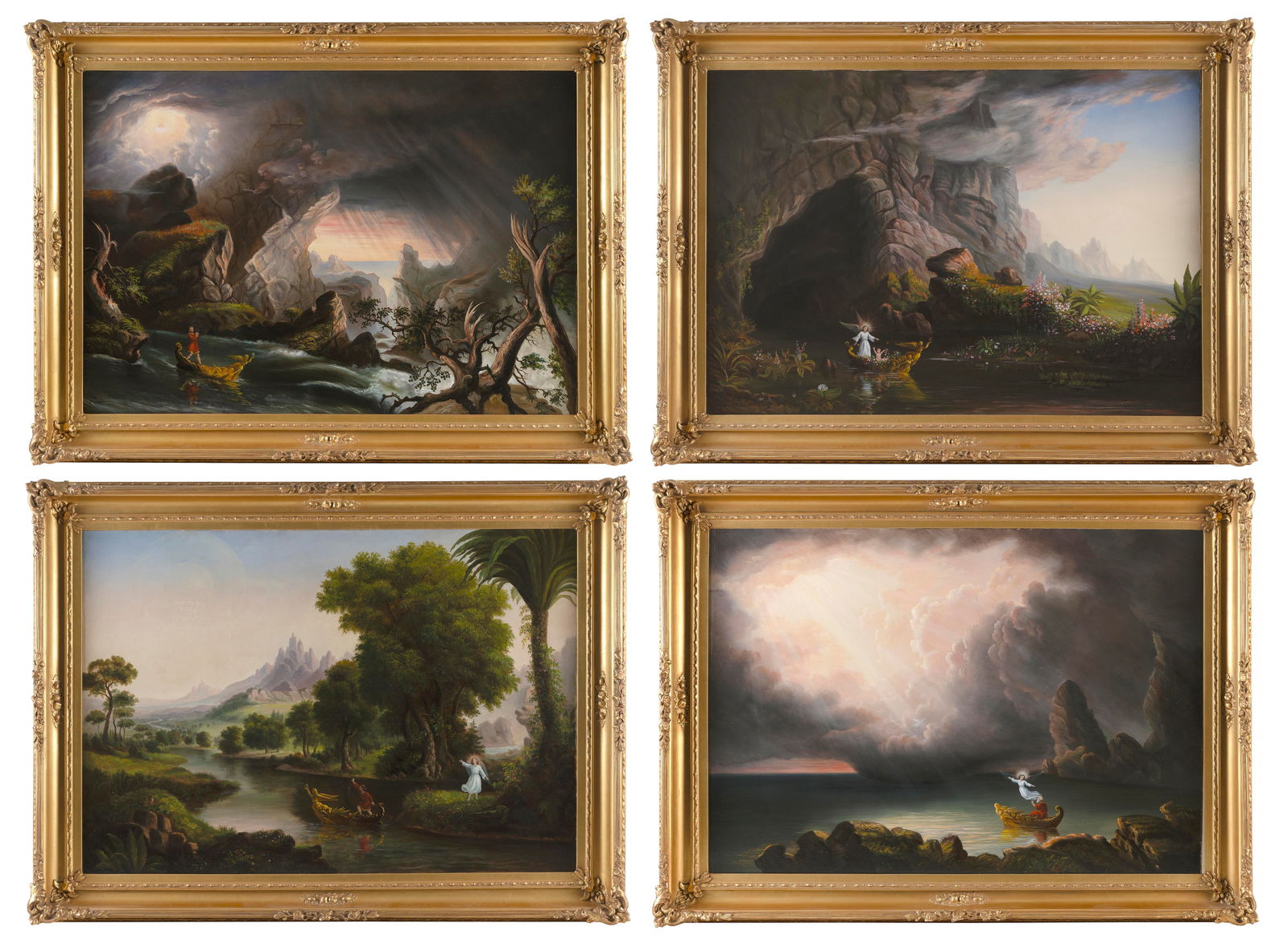 AFTER THOMAS COLE (America, Circa 1850), "The Voyage of Life"., Oils on canvas, 26" x 36". Framed: AFTER THOMAS COLEAmerica, Circa 1850"The Voyage of Life". Unsigned copies of the series of four paintings: "Childhood", "Youth", "Manhood" and "Old Age". Artist unknown.Oils on canvas, 26" x 36". Fram