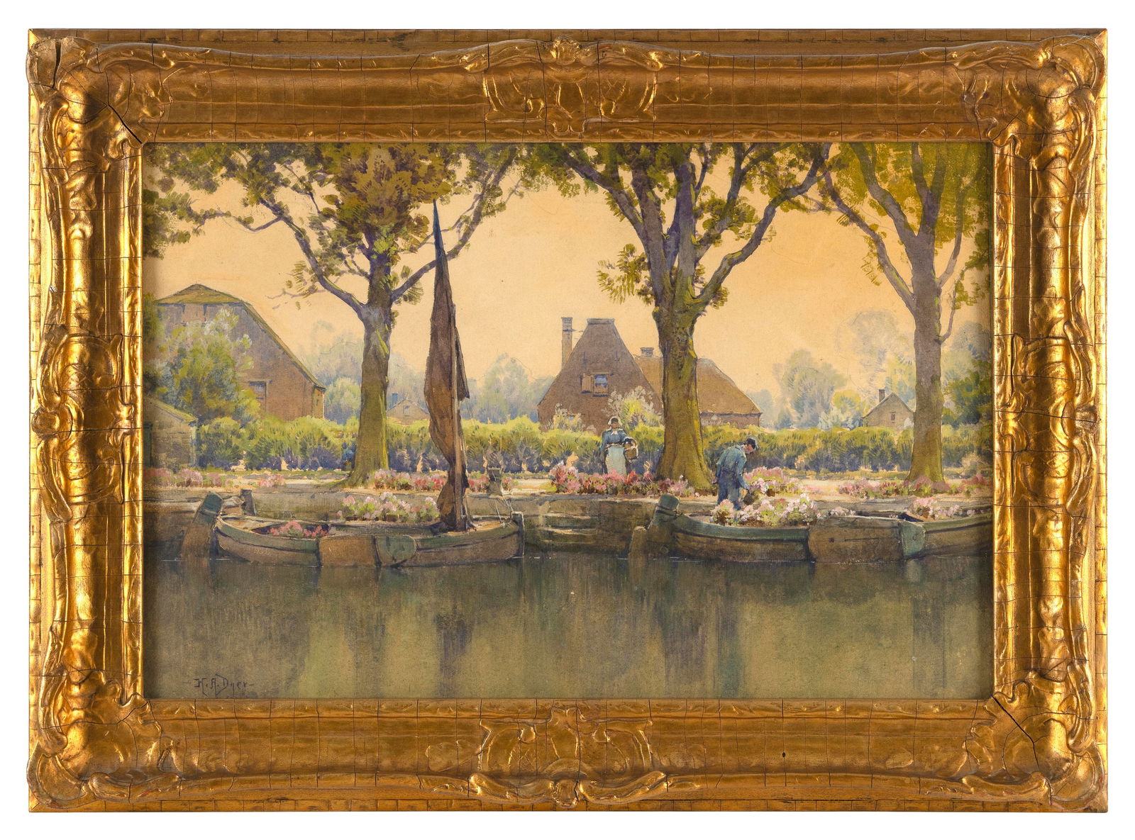 HEZEKIAH ANTHONY DYER (Rhode Island/Europe, 1872-1943), Riverside flower market., Watercolor, 14.5" (1 of 2)