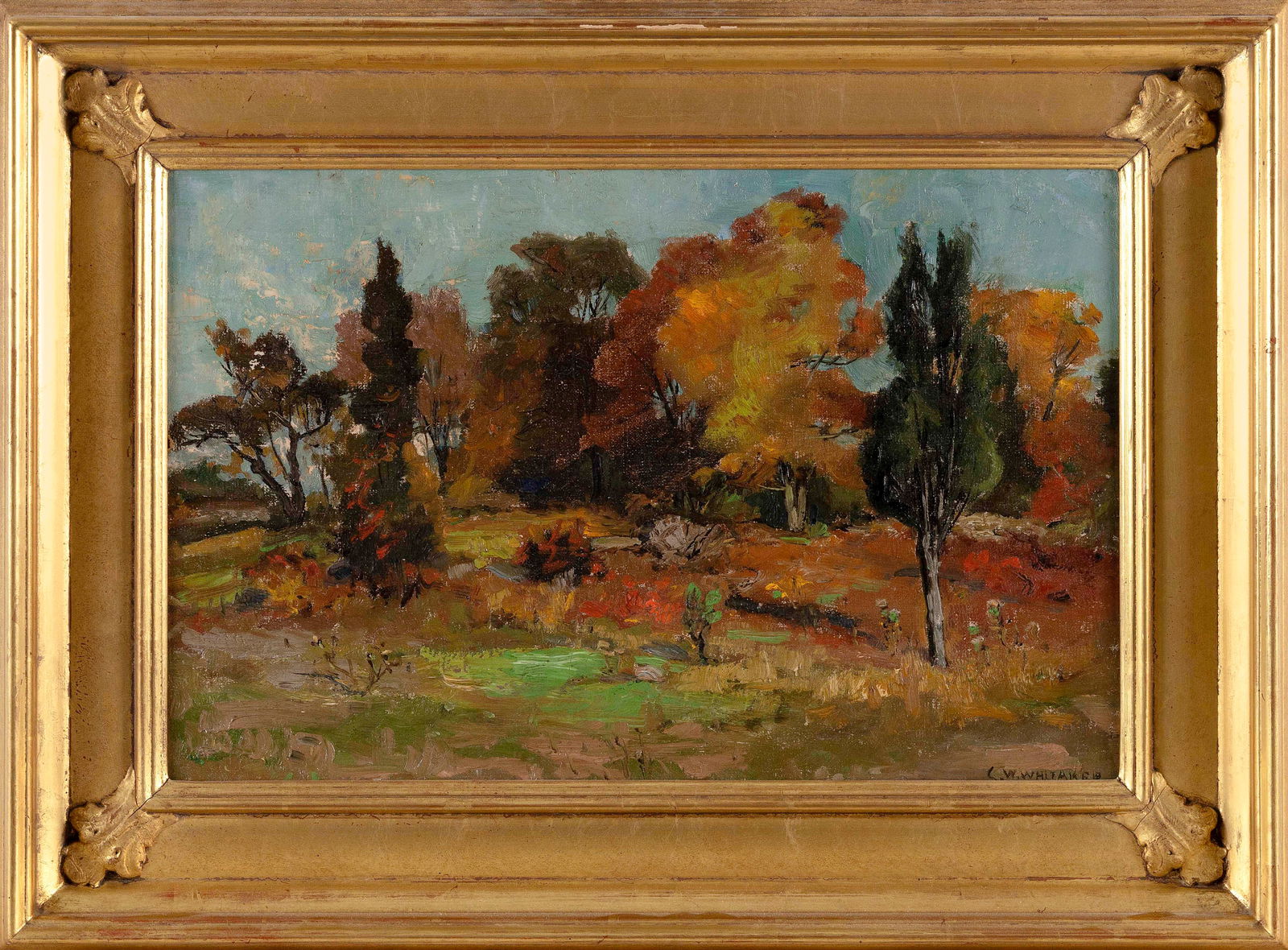 GEORGE WILLIAM WHITAKER (Rhode Island/New York/Massachusetts, 1841-1916), Autumnal landscape., Oil: GEORGE WILLIAM WHITAKERRhode Island/New York/Massachusetts, 1841-1916Autumnal landscape. Signed lower right "G.W. Whitaker".Oil on canvas, 11.25" x 17.5". Framed 17" x 23".