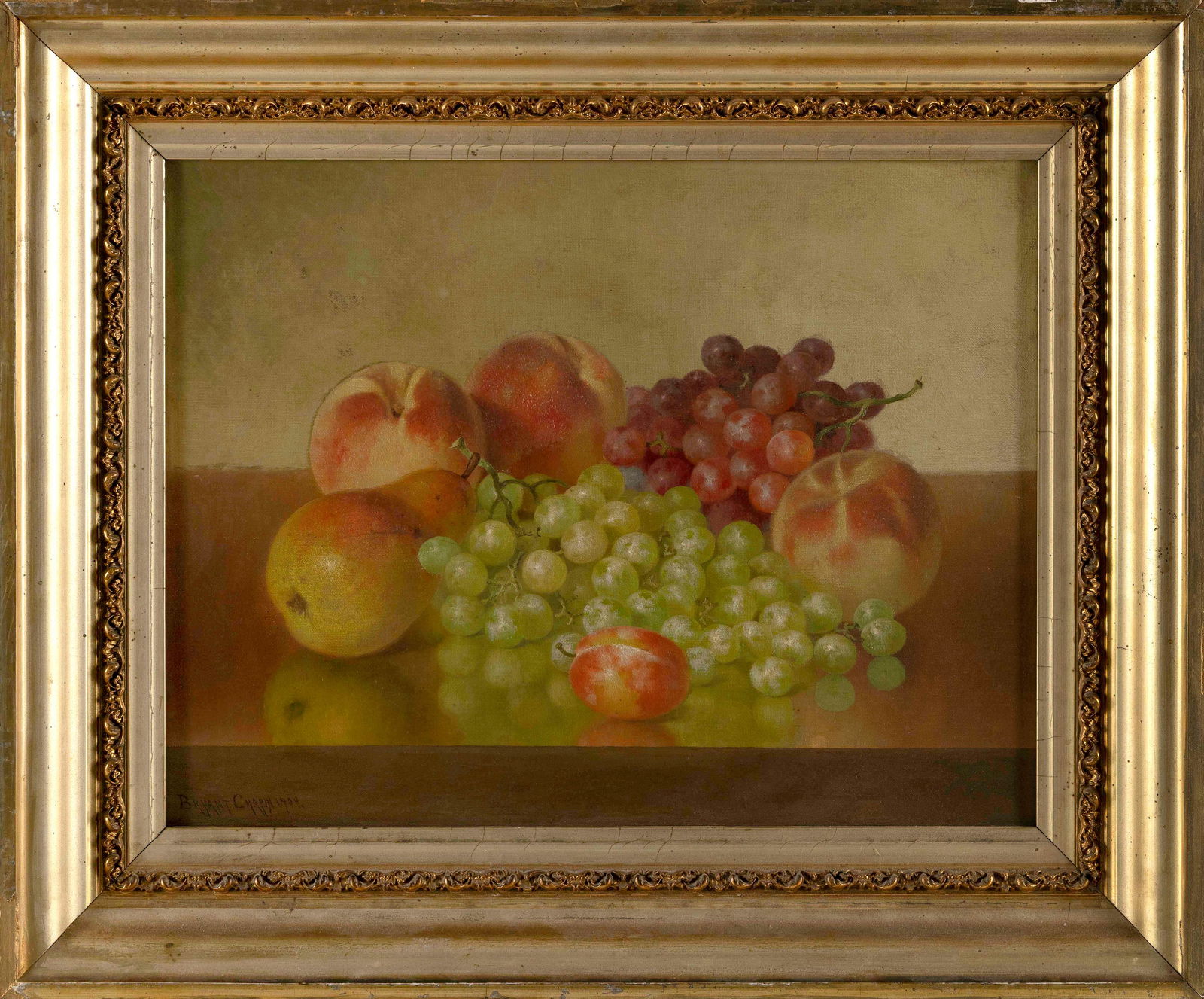 BRYANT CHAPIN (Massachusetts, 1859-1927), Still life of peaches and grapes., Oil on canvas, 13" x (1 of 3)