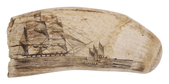 SCRIMSHAW WHALE'S TOOTH WITH WHALING SCENE Mid-19th Century Length 6".
