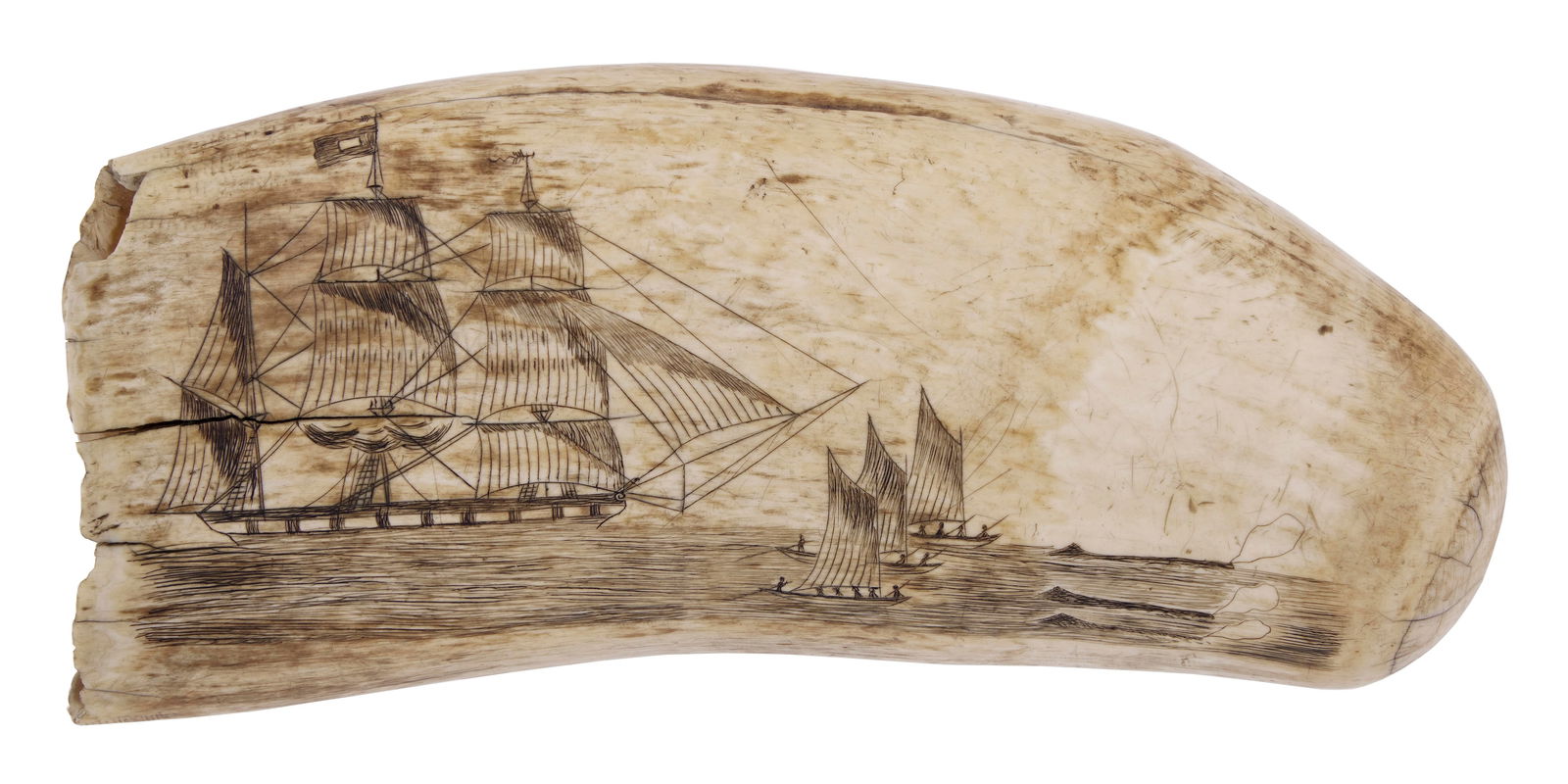 SCRIMSHAW WHALE'S TOOTH WITH WHALING SCENE Mid-19th Century Length 6".