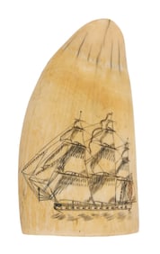 SCRIMSHAW WHALE'S TOOTH WITH SHIP PORTRAIT AND MEMORIAL 19th Century Length 5.25".