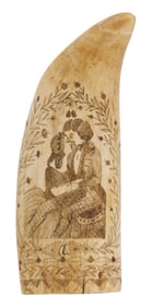 SCRIMSHAW WHALE'S TOOTH WITH SHIP AND FIGURAL PORTRAITS Mid-19th Century Length 6.75".