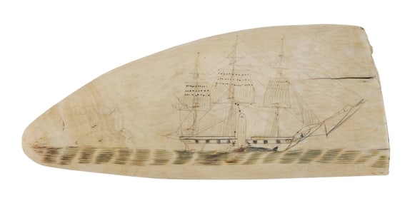 SCRIMSHAW WHALE'S TOOTH DEPICTING A WHALESHIP CUTTING IN Mid-19th Century Length 6".