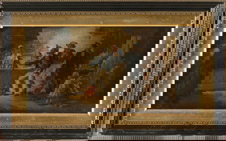 AMERICAN OR ENGLISH SCHOOL (19th Century,), Sailors at the bar, Oil on panel, 6.25" x 12". Framed