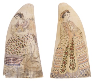 PAIR OF MANUEL ENOS POLYCHROME SCRIMSHAW WHALE'S TEETH Mid-19th Century Lengths 5.5".
