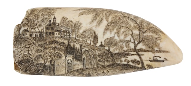 EXCEPTIONAL SCRIMSHAW WHALE'S TOOTH DEPICTING MOUNT VERNON Mid-19th Century Length 6.5".