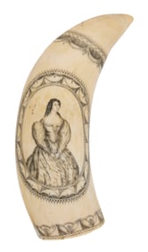 SCRIMSHAW WHALE'S TOOTH BY THE BANKNOTE ENGRAVER Mid-19th Century Length 5.25".