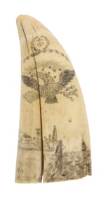 SCRIMSHAW WHALE'S TOOTH WITH SEASCAPE Mid-19th Century Length 5.5".