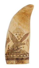 POLYCHROME SCRIMSHAW WHALE'S TOOTH WITH CIVIL WAR MOTIFS Mid-19th Century Length 7".
