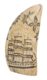 SCRIMSHAW WHALE'S TOOTH WITH SHIP PORTRAIT AND MEMORIAL Mid-19th Century Length 6.25".
