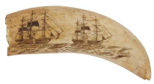 SCRIMSHAW WHALE'S TOOTH WITH CUTTING-IN SCENE Mid-19th Century Length 6".