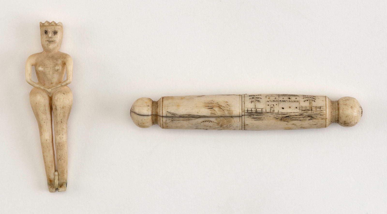 TWO CARVED WHALEBONE ITEMS 19th Century: TWO CARVED WHALEBONE ITEMS19th Century1) Needle case with engraved decoration of a house flanked by trees, a weeping willow tree, a leafy tree and a monogram, possibly "C*B*M". Case formed as a rollin