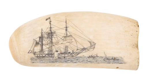 POLYCHROME SCRIMSHAW WHALE'S TOOTH ATTRIBUTED TO THE NAVAL ENGAGEMENT ENGRAVER 19th Century Length