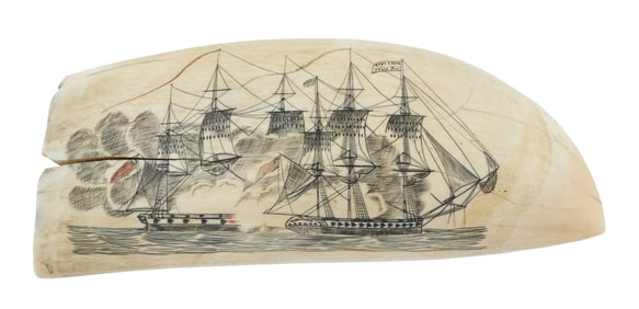 POLYCHROME SCRIMSHAW WHALE'S TOOTH WITH NAVAL BATTLE AND TROPICAL SCENE 19th Century Length 6.25".