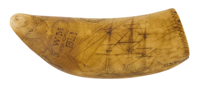 SCRIMSHAW WHALE'S TOOTH DATED 1841 Circa 1841 Length 5.75".