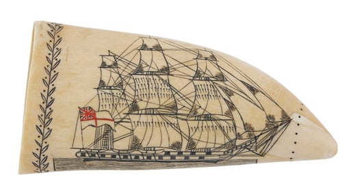 POLYCHROME SCRIMSHAW WHALE'S TOOTH ATTRIBUTED TO THE BRITANNIA ENGRAVER 19th Century Length 5.75".